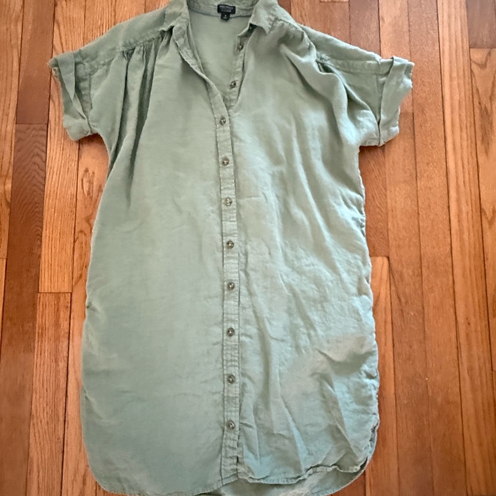 Green Button-Up Shirt Dress 100% Linen Sz. Small